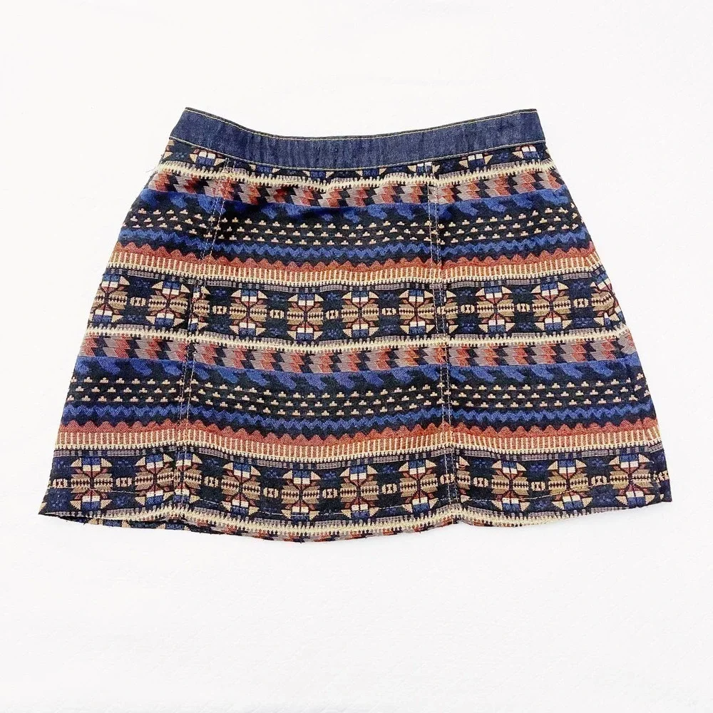 BDG Denim Skirt Native Woven Print Copper Buttons SZXL